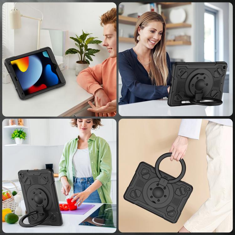 For iPad 10.2 2021 / 2020 / 2019 Space Planet Ring Holder Silicone Hydric PC Tablet Case with Shoulder Strap