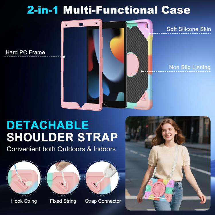 For iPad 10.2 2021 / 2020 / 2019 Space Planet Ring Holder Silicone Hydric PC Tablet Case with Shoulder Strap