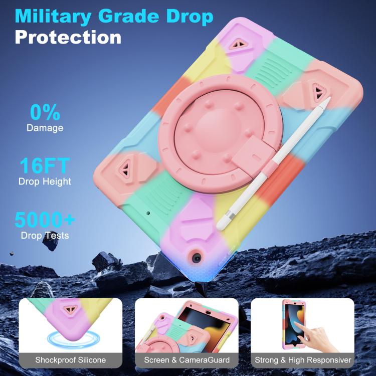 For iPad 10.2 2021 / 2020 / 2019 Space Planet Ring Holder Silicone Hydric PC Tablet Case with Shoulder Strap