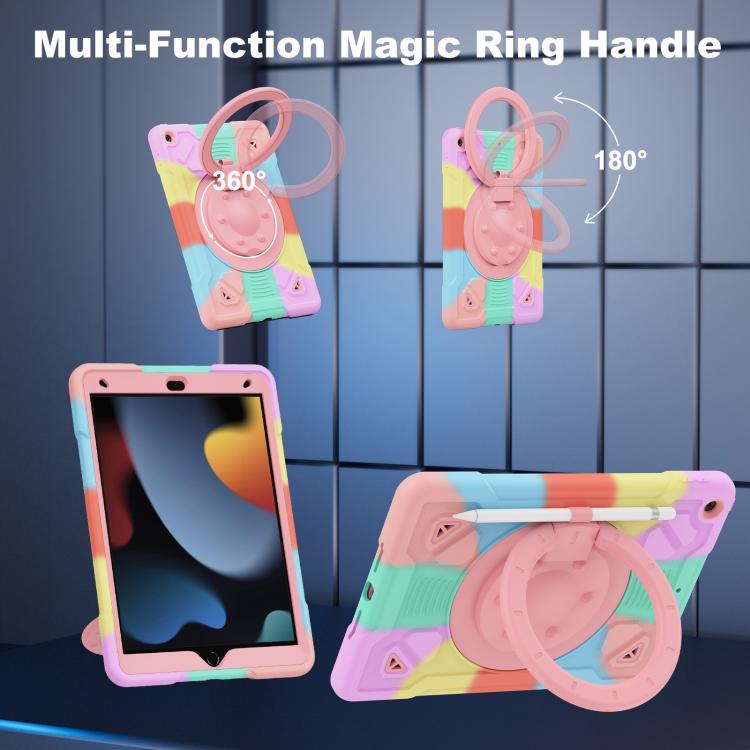 For iPad 10.2 2021 / 2020 / 2019 Space Planet Ring Holder Silicone Hydric PC Tablet Case with Shoulder Strap