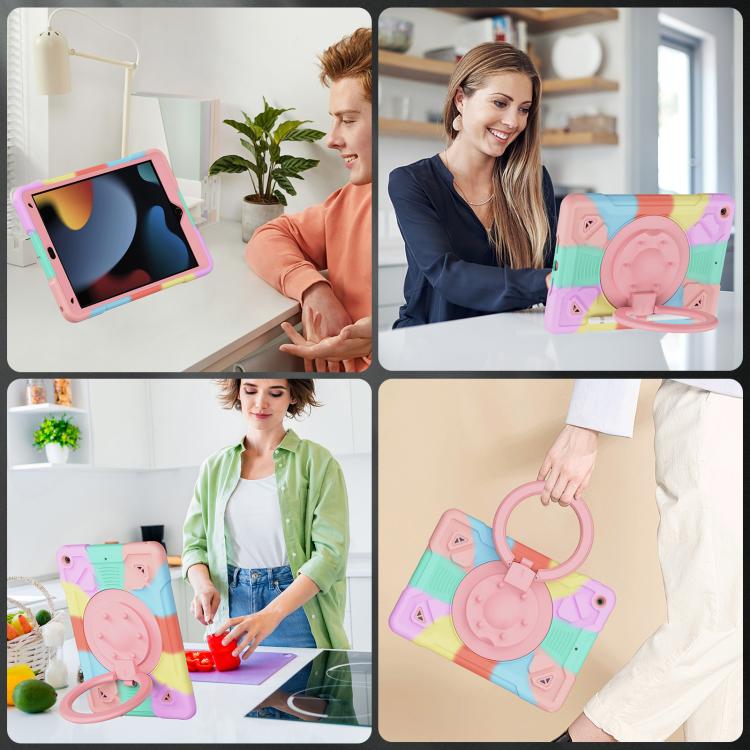 For iPad 10.2 2021 / 2020 / 2019 Space Planet Ring Holder Silicone Hydric PC Tablet Case with Shoulder Strap
