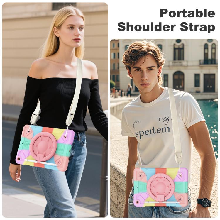 For iPad 10.2 2021 / 2020 / 2019 Space Planet Ring Holder Silicone Hydric PC Tablet Case with Shoulder Strap