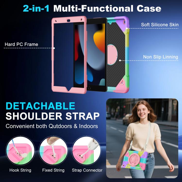 For iPad 10.2 2021 / 2020 / 2019 Space Planet Ring Holder Silicone Hydric PC Tablet Case with Shoulder Strap