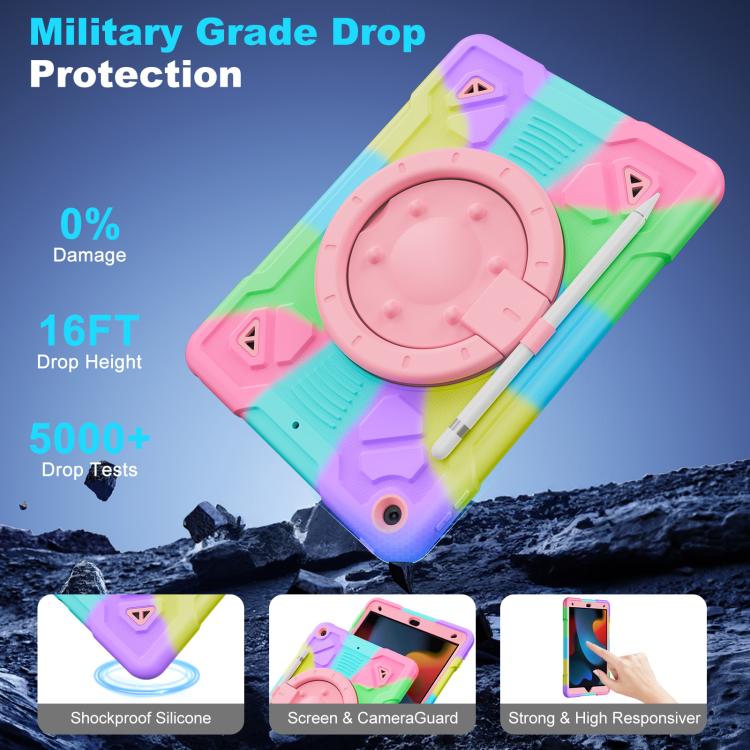 For iPad 10.2 2021 / 2020 / 2019 Space Planet Ring Holder Silicone Hydric PC Tablet Case with Shoulder Strap