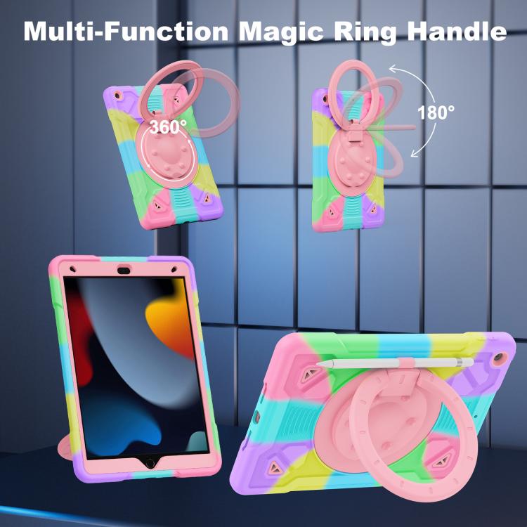 For iPad 10.2 2021 / 2020 / 2019 Space Planet Ring Holder Silicone Hydric PC Tablet Case with Shoulder Strap