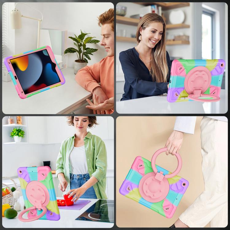 For iPad 10.2 2021 / 2020 / 2019 Space Planet Ring Holder Silicone Hydric PC Tablet Case with Shoulder Strap