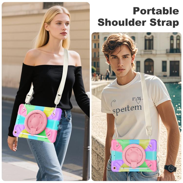 For iPad 10.2 2021 / 2020 / 2019 Space Planet Ring Holder Silicone Hydric PC Tablet Case with Shoulder Strap