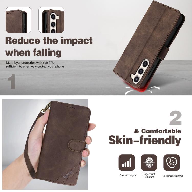 For Samsung Galaxy S23 5G AZNS A2 Series Tri-Card Wallet RFID Vegan Leather Phone Case with Strap