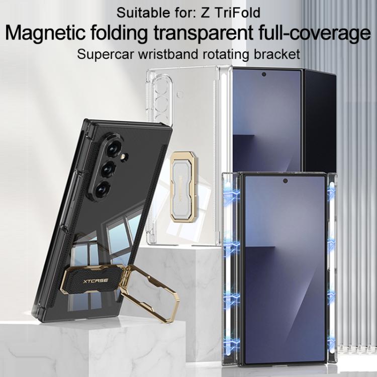 For Samsung Galaxy Z TriFold GKK Double Magnetic Hinge Folding Full Coverage Phone Case with Supercar Wristband Rotating Holder