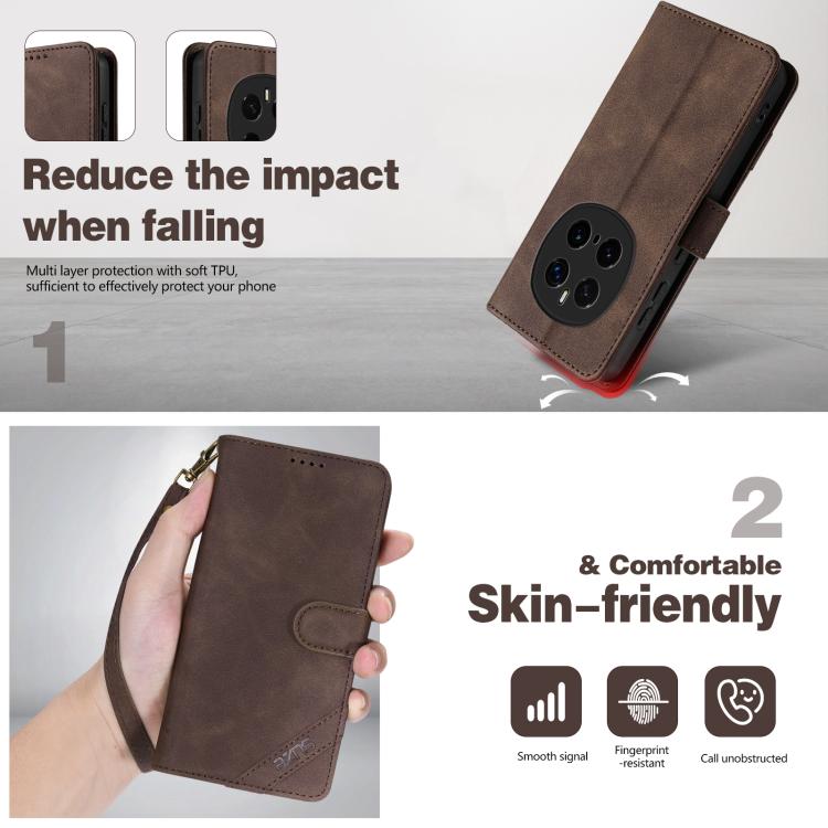 For Honor Magic7 Pro AZNS A2 Series Tri-Card Wallet RFID Vegan Leather Phone Case with Strap