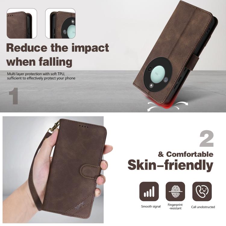 For Honor X60 AZNS A2 Series Tri-Card Wallet RFID Vegan Leather Phone Case with Strap