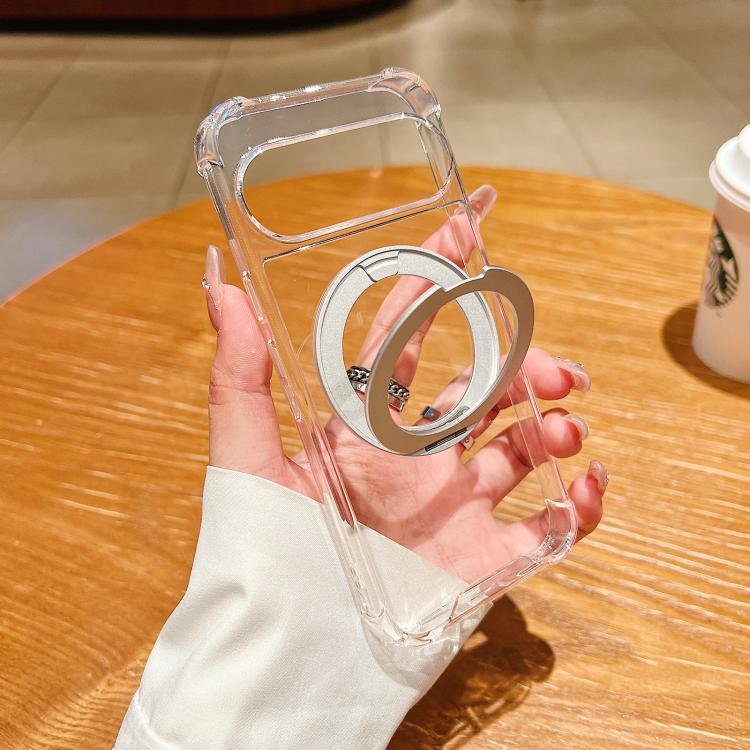 For Google Pixel 10 Pro Four Corner Shockproof Space Magnetic Phone Case with 360 Degrees Rotating Holder - Transparent