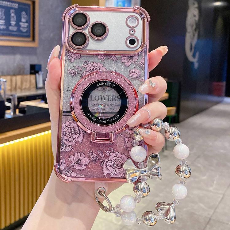 For iPhone 17 Pro Max Gradient Glitter Flowers Electroplated Phone Case with Wrist Strap
