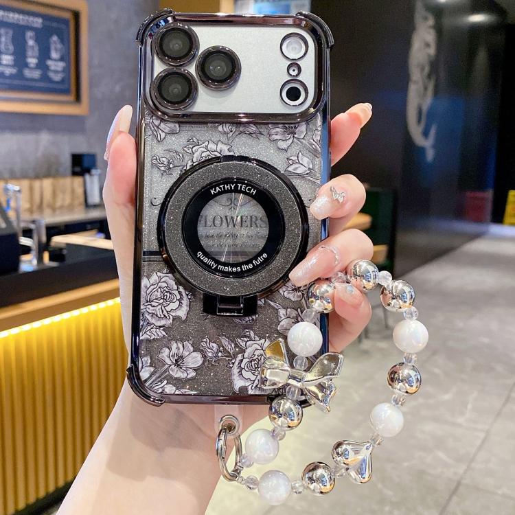 For iPhone 17 Pro Max Gradient Glitter Flowers Electroplated Phone Case with Wrist Strap