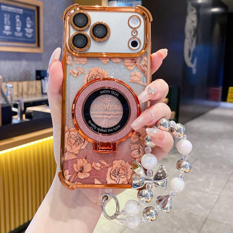 For iPhone 17 Pro Max Gradient Glitter Flowers Electroplated Phone Case with Wrist Strap