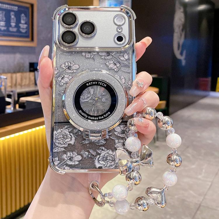 For iPhone 17 Pro Gradient Glitter Flowers Electroplated Phone Case with Wrist Strap