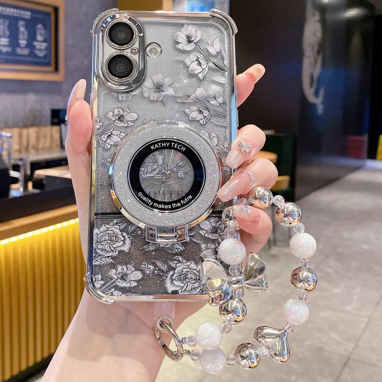 For iPhone 17 Gradient Glitter Flowers Electroplated Phone Case with Wrist Strap