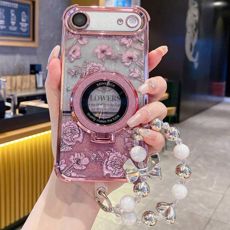 For iPhone Air Gradient Glitter Flowers Electroplated Phone Case with Wrist Strap