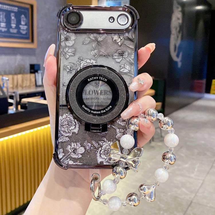 For iPhone Air Gradient Glitter Flowers Electroplated Phone Case with Wrist Strap