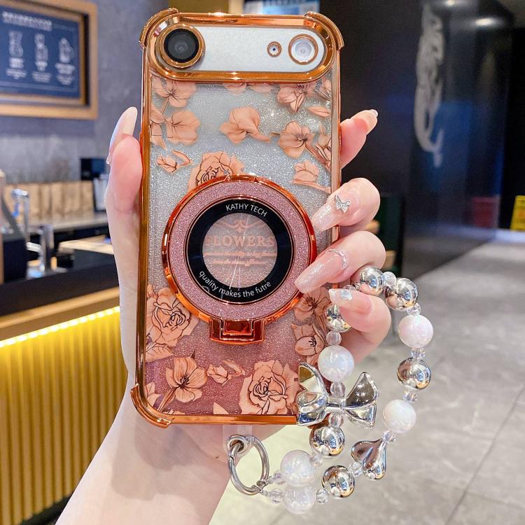For iPhone Air Gradient Glitter Flowers Electroplated Phone Case with Wrist Strap