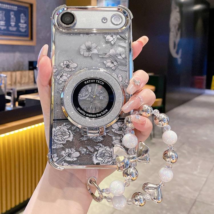 For iPhone Air Gradient Glitter Flowers Electroplated Phone Case with Wrist Strap