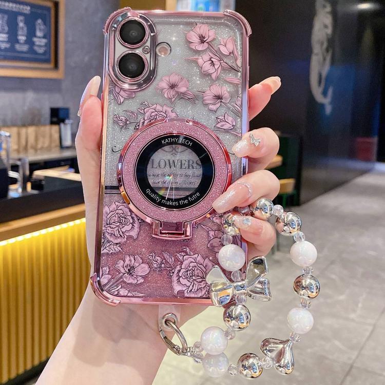 For iPhone 16 Plus Gradient Glitter Flowers Electroplated Phone Case with Wrist Strap