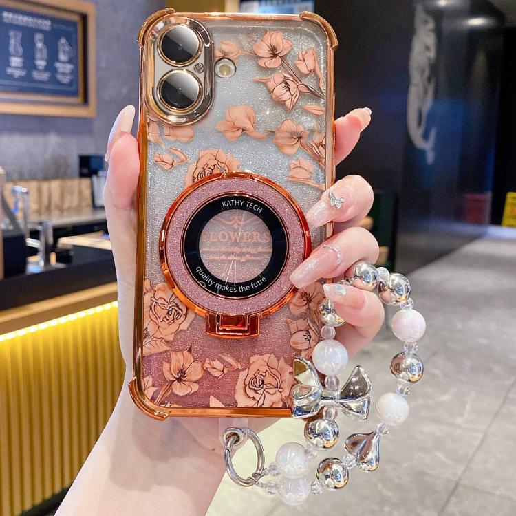 For iPhone 16 Plus Gradient Glitter Flowers Electroplated Phone Case with Wrist Strap