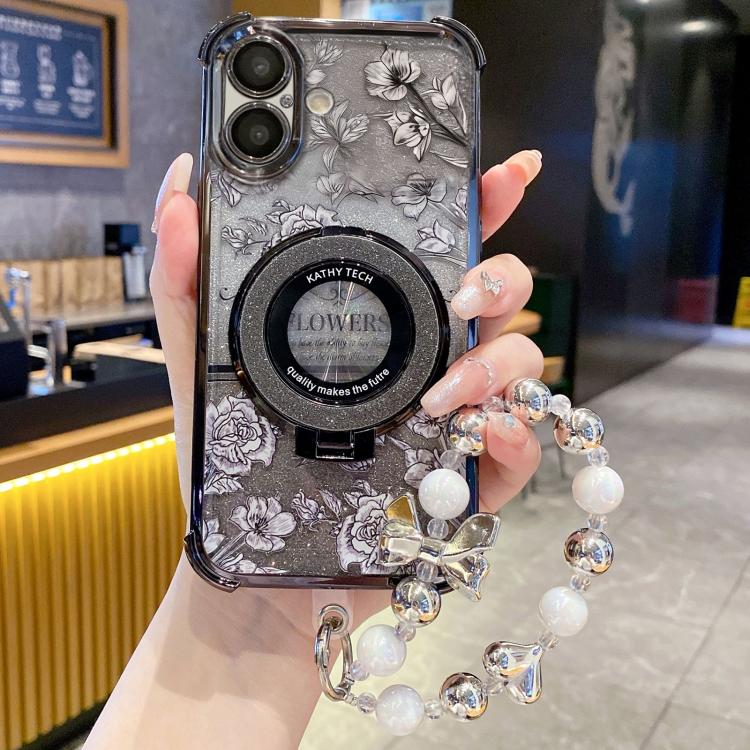 For iPhone 16 Gradient Glitter Flowers Electroplated Phone Case with Wrist Strap