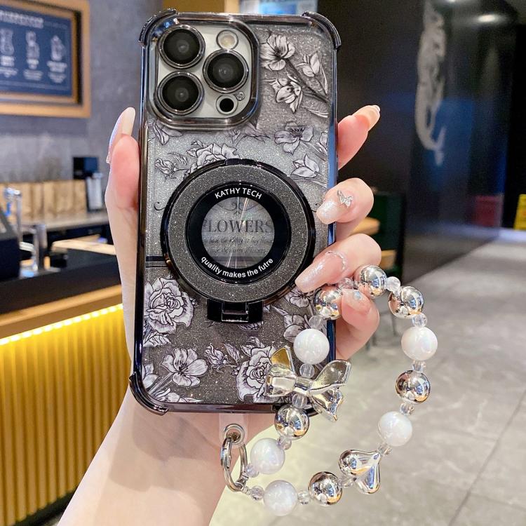 For iPhone 15 Pro Max Gradient Glitter Flowers Electroplated Phone Case with Wrist Strap