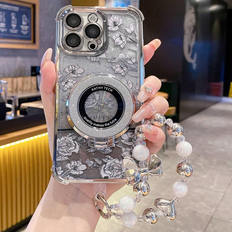 For iPhone 15 Pro Max Gradient Glitter Flowers Electroplated Phone Case with Wrist Strap