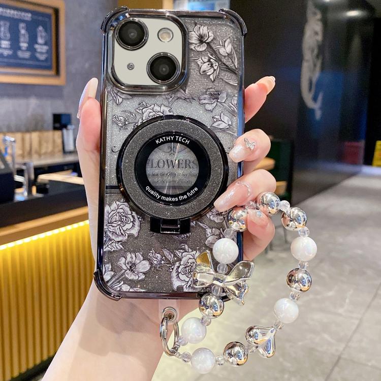 For iPhone 15 Plus Gradient Glitter Flowers Electroplated Phone Case with Wrist Strap