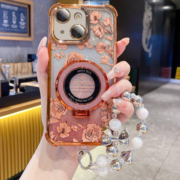 For iPhone 15 Plus Gradient Glitter Flowers Electroplated Phone Case with Wrist Strap