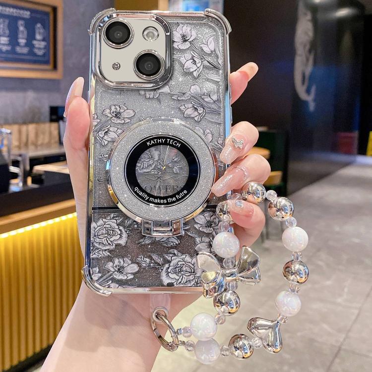 For iPhone 15 Plus Gradient Glitter Flowers Electroplated Phone Case with Wrist Strap