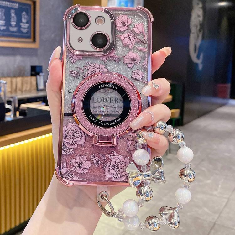 For iPhone 14 Plus Gradient Glitter Flowers Electroplated Phone Case with Wrist Strap