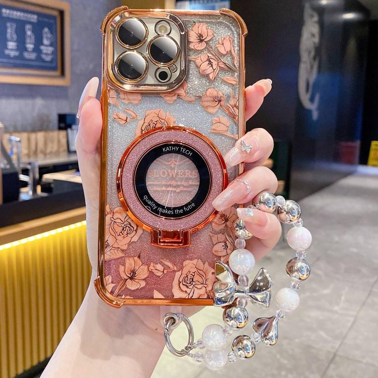 For iPhone 14 Pro Gradient Glitter Flowers Electroplated Phone Case with Wrist Strap