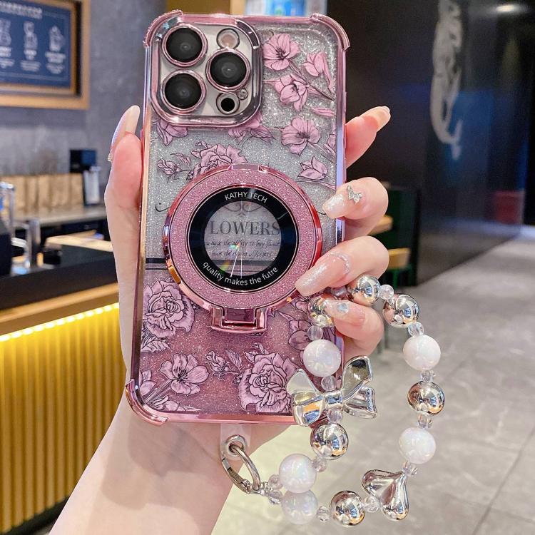 For iPhone 13 Pro Max Gradient Glitter Flowers Electroplated Phone Case with Wrist Strap