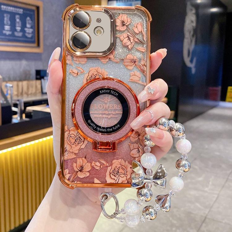 For iPhone 12 Gradient Glitter Flowers Electroplated Phone Case with Wrist Strap