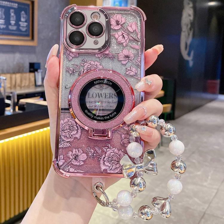 For iPhone 11 Pro Max Gradient Glitter Flowers Electroplated Phone Case with Wrist Strap