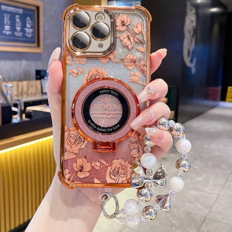 For iPhone 11 Pro Max Gradient Glitter Flowers Electroplated Phone Case with Wrist Strap