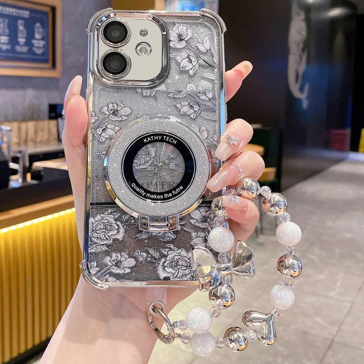 For iPhone 11 Gradient Glitter Flowers Electroplated Phone Case with Wrist Strap