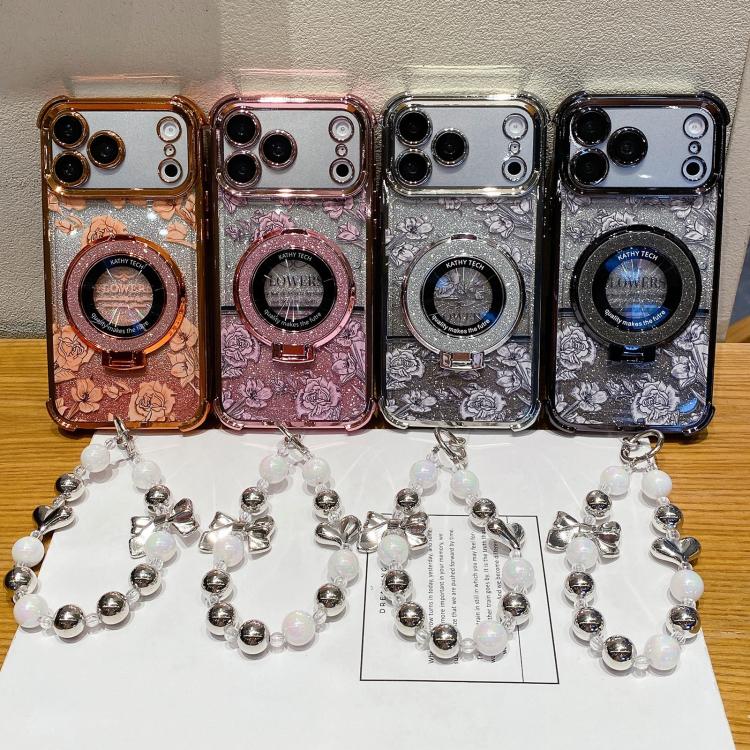 For iPhone 14 Pro Max Gradient Glitter Flowers Electroplated Phone Case with Wrist Strap