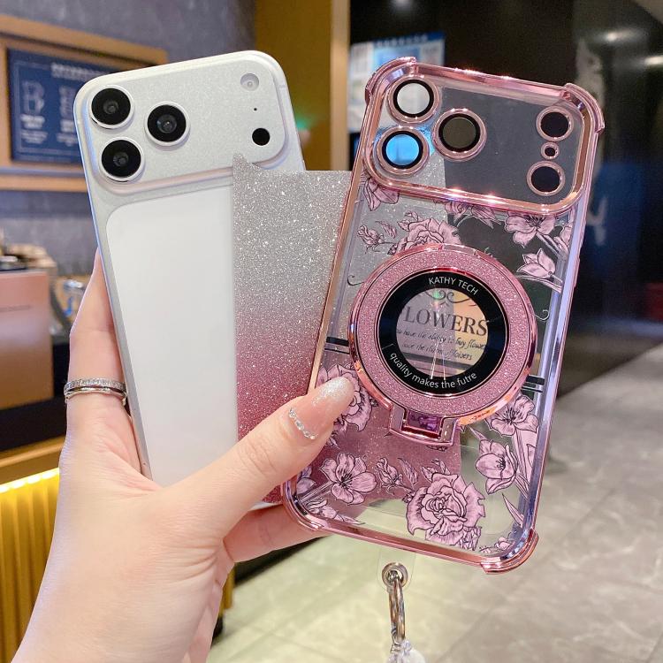 For iPhone 17 Pro Gradient Glitter Flowers Electroplated Phone Case with Wrist Strap