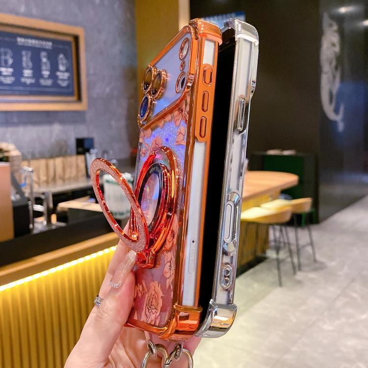 For iPhone 17 Pro Gradient Glitter Flowers Electroplated Phone Case with Wrist Strap