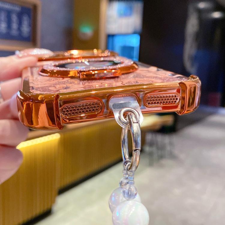 For iPhone 17 Pro Max Gradient Glitter Flowers Electroplated Phone Case with Wrist Strap