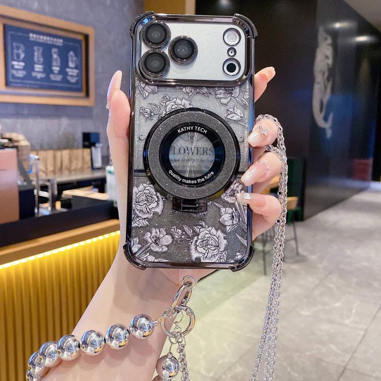 For iPhone 17 Pro Max Gradient Glitter Flowers Electroplated Phone Case with Beaded Strap and Long Chain