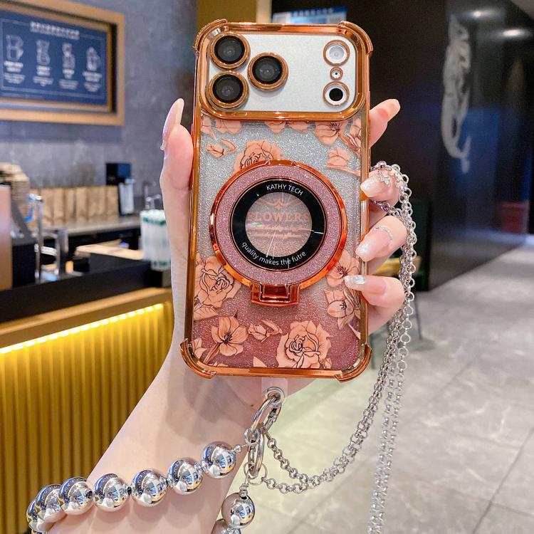 For iPhone 17 Pro Max Gradient Glitter Flowers Electroplated Phone Case with Beaded Strap and Long Chain