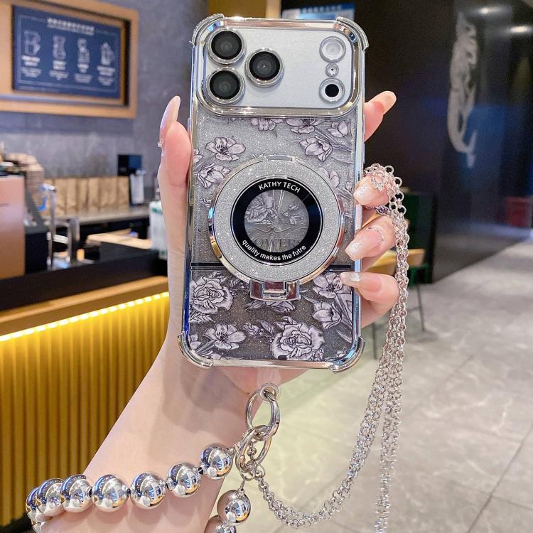 For iPhone 17 Pro Max Gradient Glitter Flowers Electroplated Phone Case with Beaded Strap and Long Chain