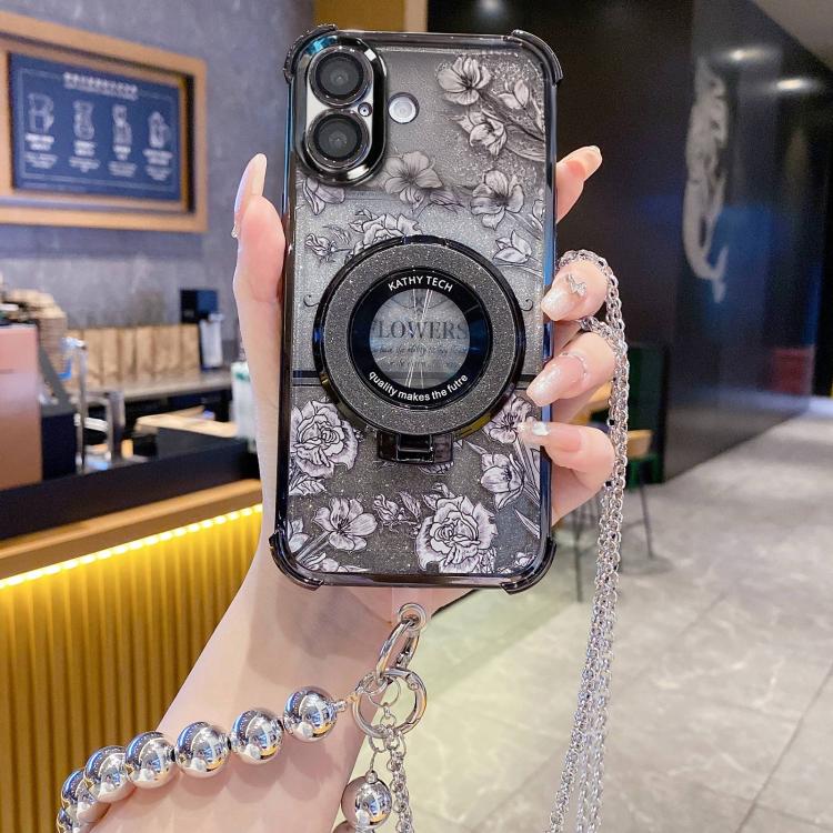 For iPhone 17 Gradient Glitter Flowers Electroplated Phone Case with Beaded Strap and Long Chain