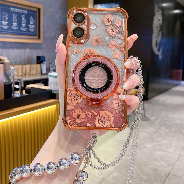 For iPhone 17 Gradient Glitter Flowers Electroplated Phone Case with Beaded Strap and Long Chain