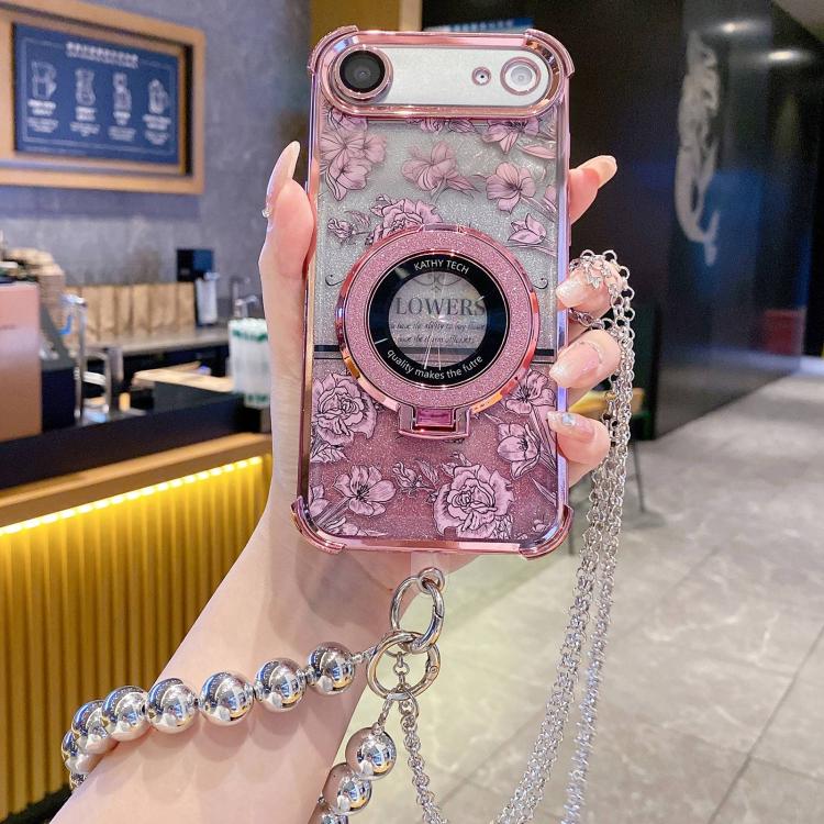 For iPhone Air Gradient Glitter Flowers Electroplated Phone Case with Beaded Strap and Long Chain